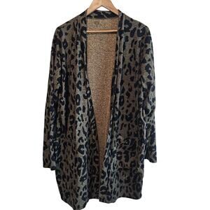 Leopard Print Open Cardigan Womens Size 1X Brown Long Classic Glam Relaxed